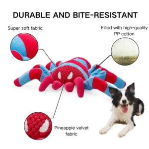 Close-up of durable stitching and soft plush fabric on spider dog toy