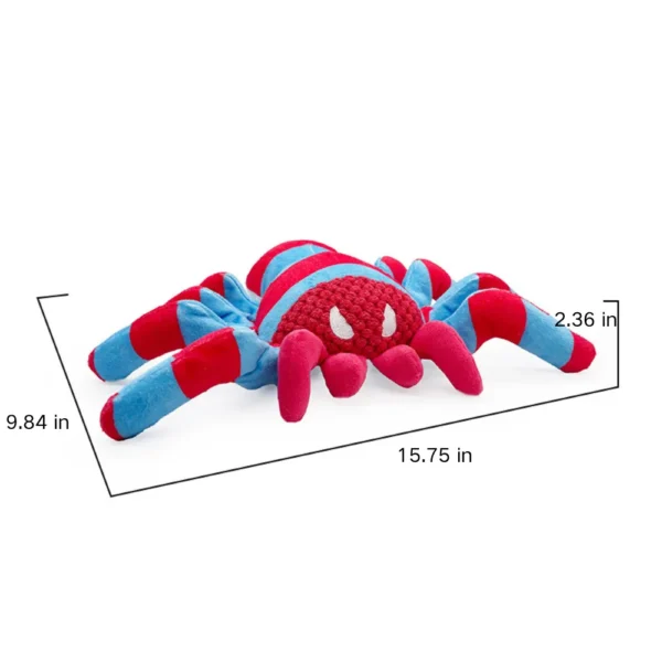 934ba2b3539125186c084958ec706cc0 Spider-shaped squeaky plush dog toy with size reference for small and medium dogs