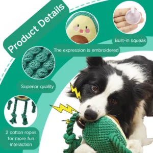 Close-up of durable rope knots and plush avocado dog toy texture