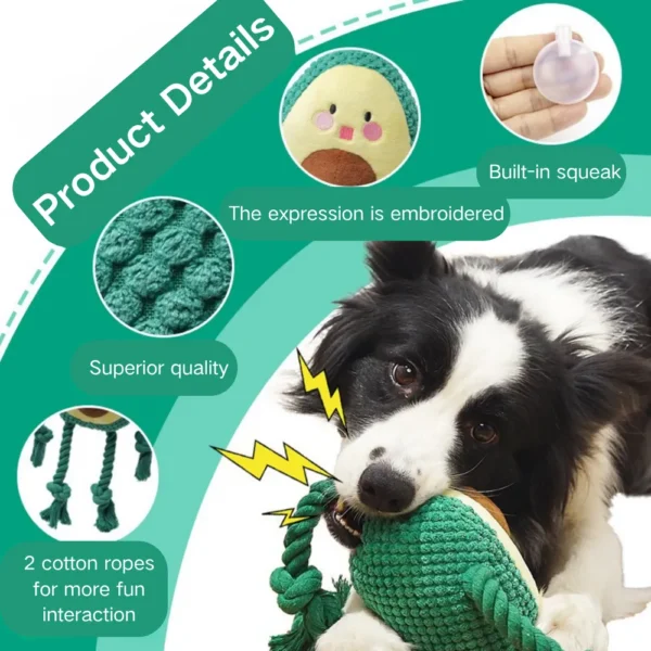 981086659a20ca6f7bf94f4823dd7313 Close-up of durable rope knots and plush avocado dog toy texture