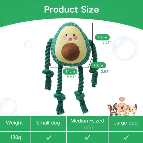 b01bca1b6e8ee003f2afa14a97e4c99f Wholesale avocado plush squeaky dog toy with rope knots size reference