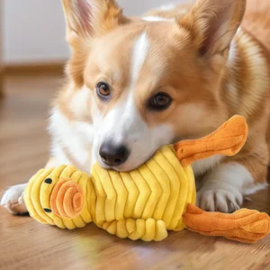 dcd5d862bc1acec16464c0d6eb54aafd Interactive squeaky plush pet toy showing sound and play function