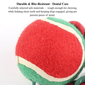 fa15d5cda4582abd34363997d414efd6 Close-up of durable cotton rope texture and tennis ball connection on Christmas dog toy