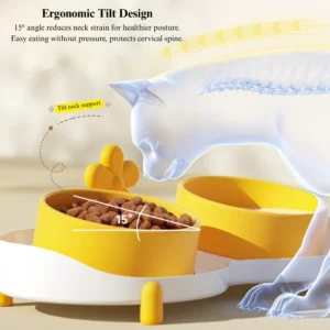 Cat eating from elevated ceramic pet bowl on kitchen floor