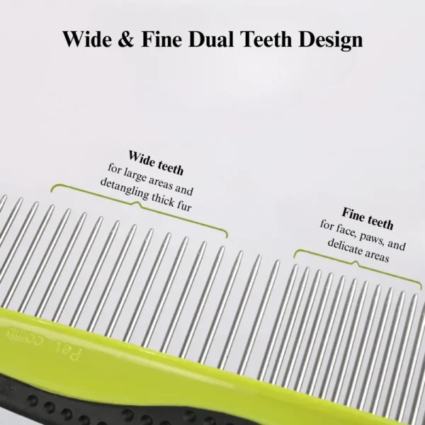 1fa3021baf03e148215276bf2408f504 Close-up of stainless steel blades and ergonomic handle of the pet deshedding tool.