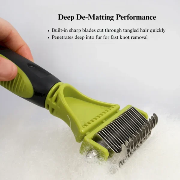 225636c0f73e123392ca23ad80e613fb Pet groomer using the dual comb set on a long-haired dog in a salon.