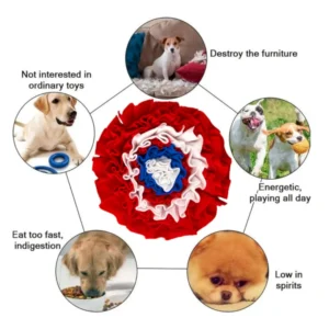 Dog using round snuffle mat for interactive feeding and sniff training