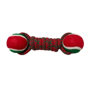 Durable Christmas Cotton Rope Dog Dumbbell Toy with Tennis Balls – Festive Chew and Tug Toy for Dogs