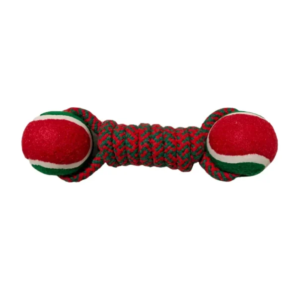 Durable Christmas Cotton Rope Dog Dumbbell Toy with Tennis Balls – Festive Chew and Tug Toy for Dogs