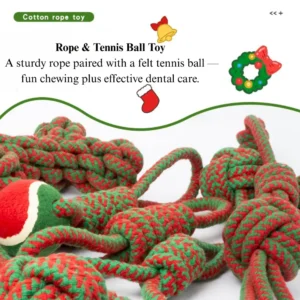 34d247b29816dd514149e26afd05bbcf Dog playing with Christmas rope dumbbell toy with tennis balls