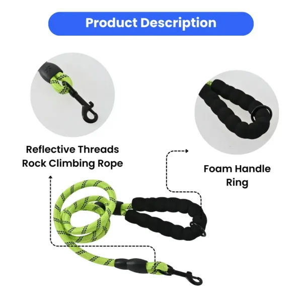 41bee155b7fcde691dccf954277e73f6 Close-up of soft foam padded handle on reflective rope dog leash for comfort and control