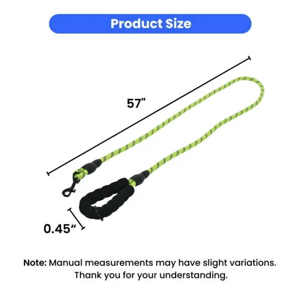 5fb3d9ba3c3d8e67c647cabc54eb362e Size guide chart for reflective rope dog leash with length and diameter measurements