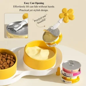 Demonstration of anti-spill tilted pet bowl reducing food overflow and neck strain