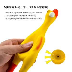 Close-up of latex duck dog toy showing texture and squeaker detail.