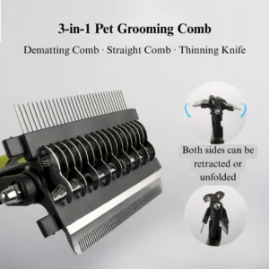3-in-1 grooming tool showing detangling, dematting, and deshedding functions