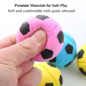 Close-up of latex foam soccer cat toy ball showing soft texture and soccer design pattern.