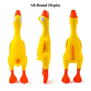 Latex duck squeaky dog toys displayed on pet shop shelves.