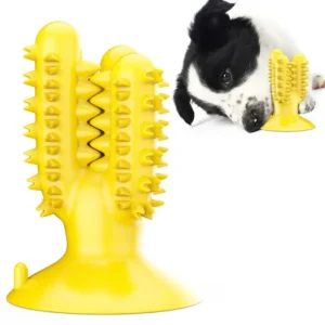 Yellow cactus toothbrush chew toy for dogs, dental cleaning