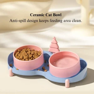c1f038af28daa71bbc2abe97e5c292c8 Close-up of ceramic double pet bowl with tilted feeding angle and sturdy stand