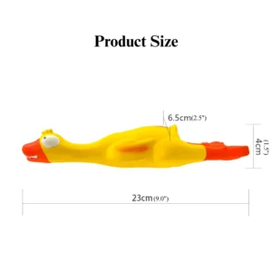Size reference of the latex duck dog toy with measurement scale.