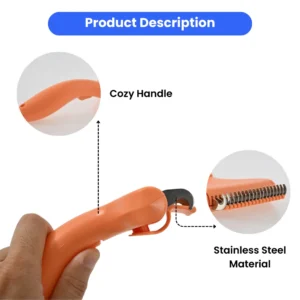 d40036214d370eefea2d26959c10e1b9 Close-up of one-click button and stainless-steel blades on ergonomic pet grooming rake