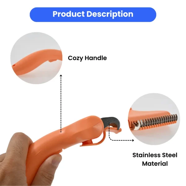 d40036214d370eefea2d26959c10e1b9 Close-up of one-click button and stainless-steel blades on ergonomic pet grooming rake