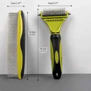 fe0baaf64422cd710be1fd006b5c054b Dimensions of the grooming comb and rake with ergonomic handles.