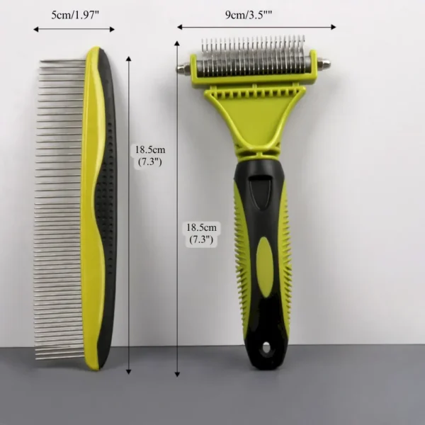 fe0baaf64422cd710be1fd006b5c054b Dimensions of the grooming comb and rake with ergonomic handles.