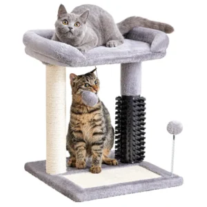 Grey small cat tree tower with 4-in-1 scratching post and kitten play platform for wholesale pet stores.
