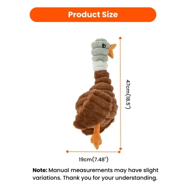10002 Measurement chart showing size dimensions of the brown duck plush dog toy.