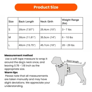 10002 Size chart showing measurements for Easter bunny dog costume, including chest, back length, and neck width.