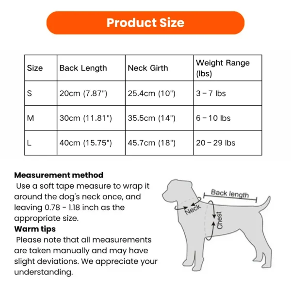 10002 Size chart showing measurements for Easter bunny dog costume, including chest, back length, and neck width.