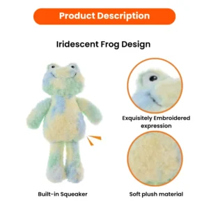 Close-up of soft fuzzy texture on colorful frog plush dog toy