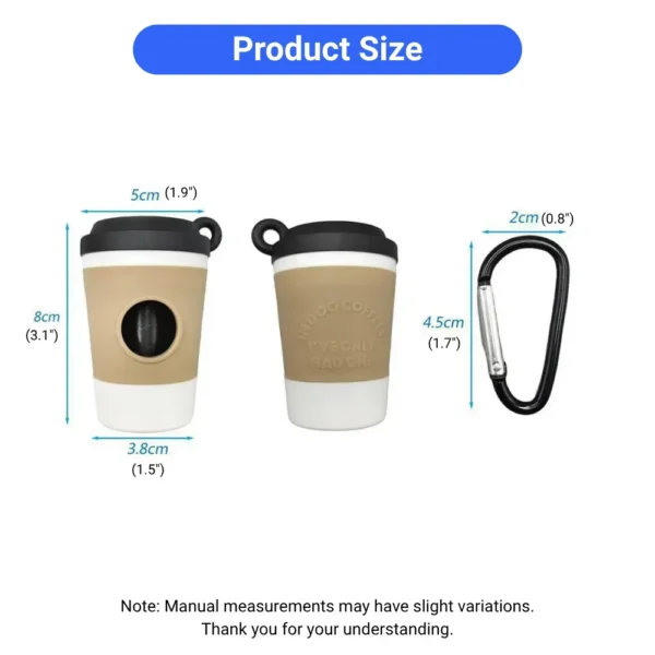 10003 Size chart with measurements of coffee cup pet waste bag dispenser