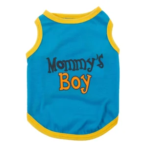 10004 Blue dog vest with ‘Mommy’s Boy’ printed text, lightweight polyester summer pet shirt for small dogs.