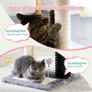 Close-up of sisal scratching post on small kitten cat tree for wholesale buyers.