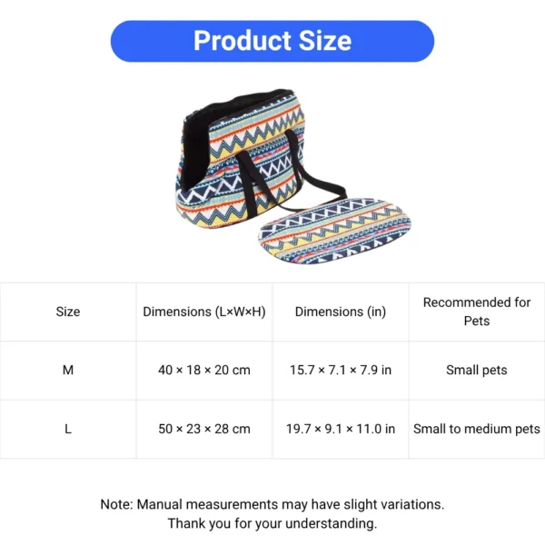10005 Size Chart of Lightweight Pet Shoulder Carrier Bag for Small Pets