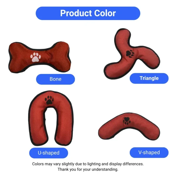 10005 Product specification chart for 4 assorted dog training toys: Bone, Triangle, U-shaped, V-shaped