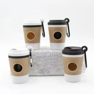 10005 Shelf display of coffee cup style dog poop bag dispensers in pet store