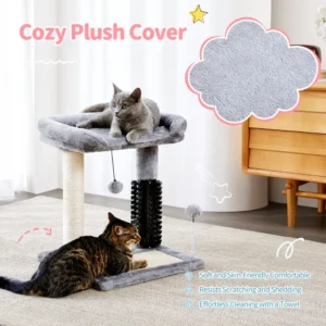 10008 Cat brushing against built-in grooming brush on cat tree.