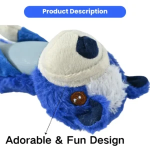 33a3ac2ba11bf8e9868f289c5767a0a9 Close-up of soft plush fabric and squeaker details on dog-shaped to