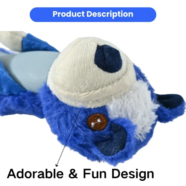 33a3ac2ba11bf8e9868f289c5767a0a9 Close-up of soft plush fabric and squeaker details on dog-shaped to