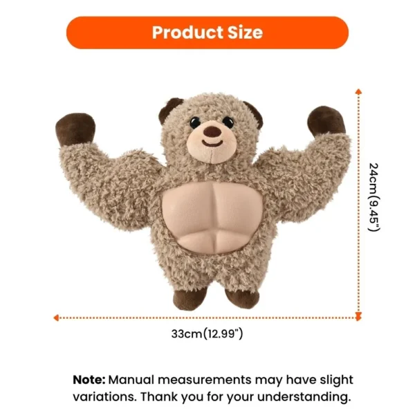 40e61dc33da3c20533f675fbe153fd43 Size reference of the muscular bear squeaky plush dog toy with height and width measurements.