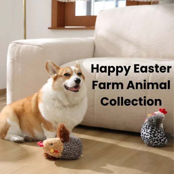 568e0ffd0eb2a3e3b88a693efe9e55d3 Dog playing with Easter hen squeaky plush toy in a home environment, demonstrating interactive chewing and fetching use.