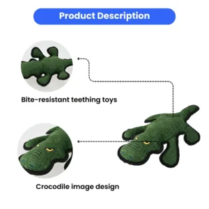 Close-up of reinforced stitching and textured crocodile dog chew toy surface