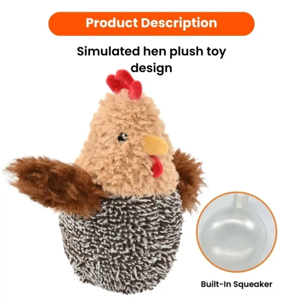 fd47a26deff01cff63eba756056b2371 Diagram showing the squeaker placement, crinkle wings, and soft plush textures of the Easter hen dog toy for interactive play.