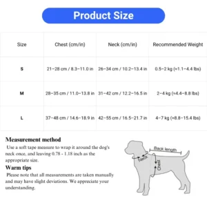 Size chart and measurement guide for small dog and cat harness.