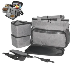 Grey pet travel bag with food containers for dogs and cats
