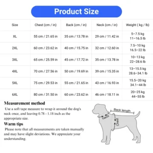 Dog jacket size chart for medium and large breeds