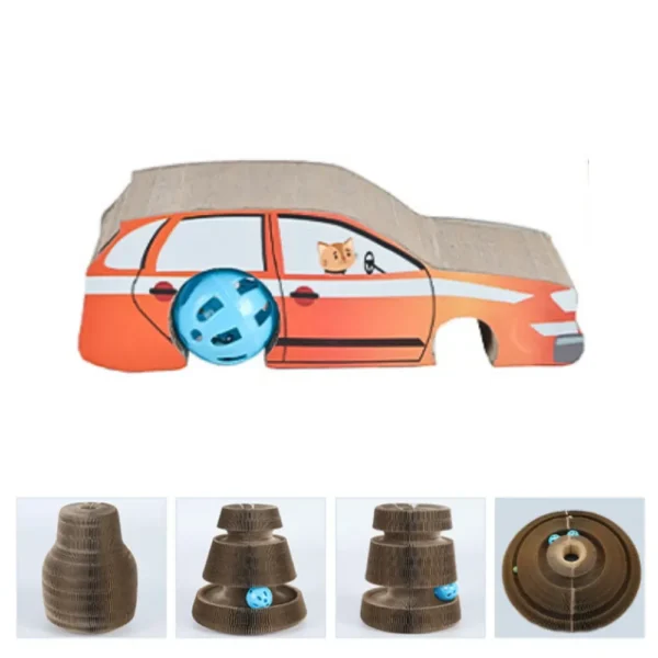 Eco-Friendly Corrugated Cardboard Cat Scratcher Toy with Rolling Ball – Car, Bridge & Fish Shape Cat Scratch Pad for Retail & Wholesale